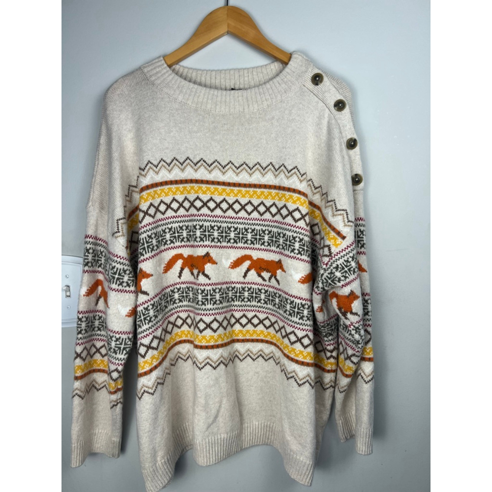 Women's Beige Patterned Sweater with Button Detail